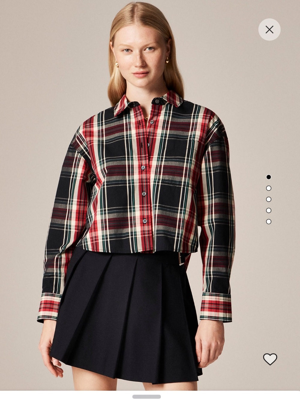 J. Crew Cropped Plaid Button-Down Shirt in Red, Black, Cream
